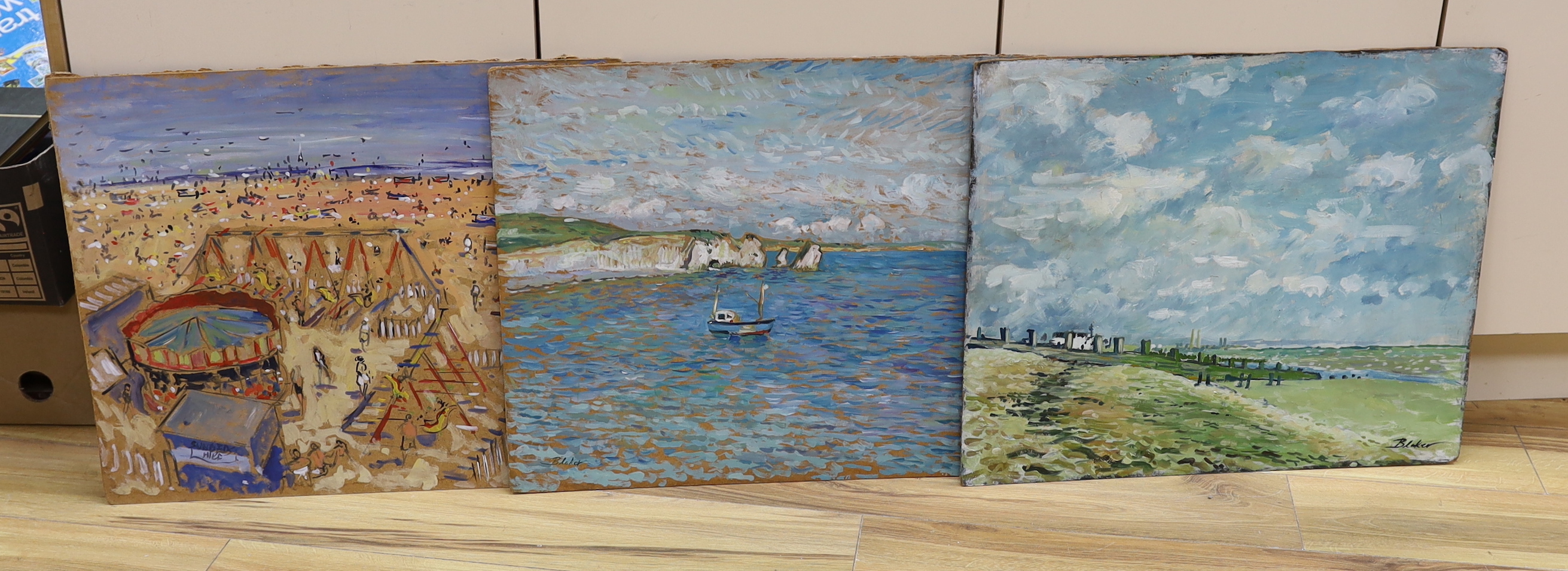 Michael John Blaker (1928-2018), three oils on board, Coastal and beach landscapes, signed, 51 x 61cm, unframed